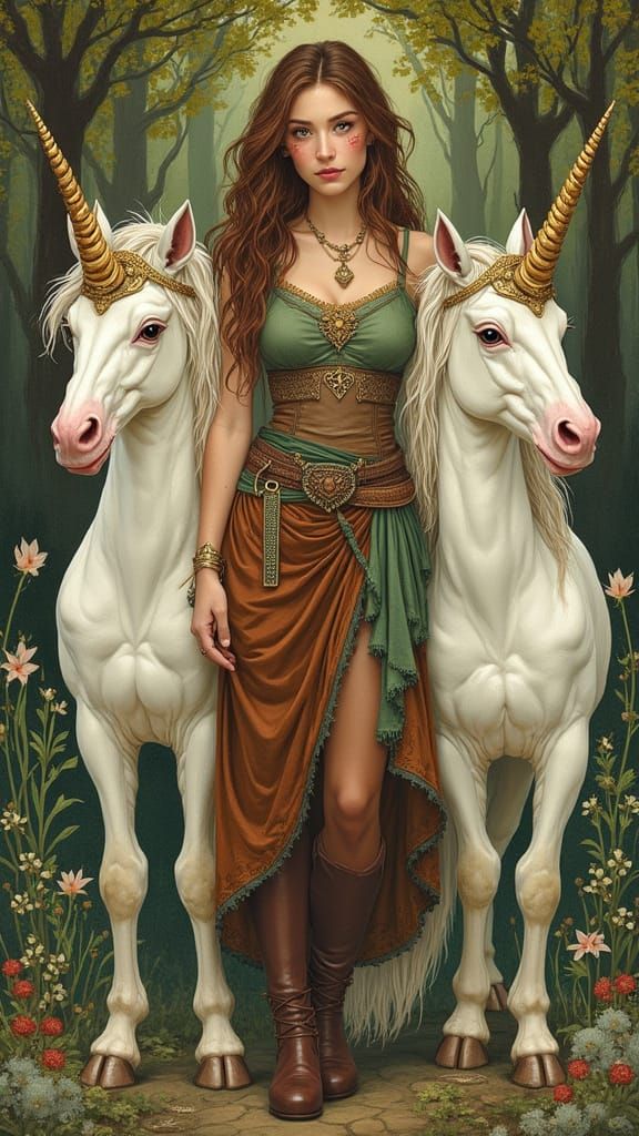 Celtic Tapestry Knotwork: Woman and Unicorns in Forest