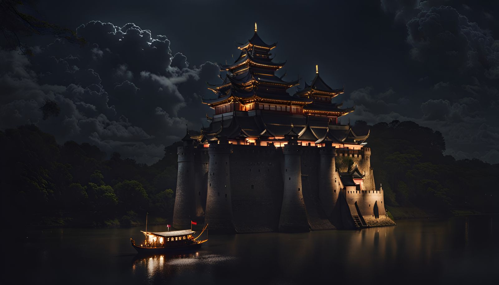 Nighttime Samurai Castle with Imperial Barge
