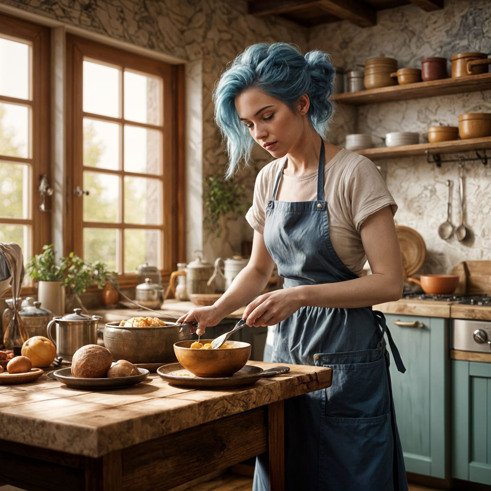 Beautiful Blue-Haired Woman Prepares Breakfast in a Vintage ...