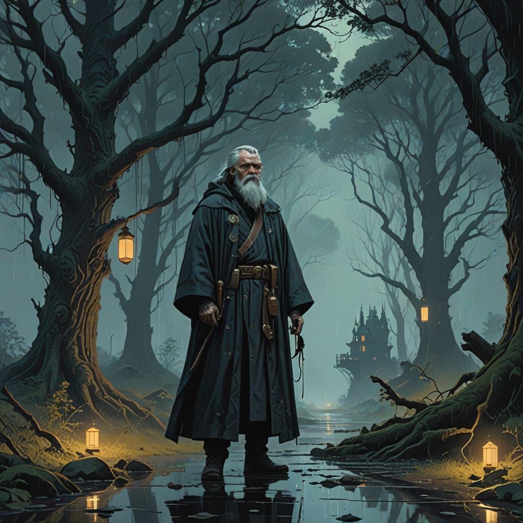 Ethereal Wizard in Dark Robe Stands Before Glimmering Castle