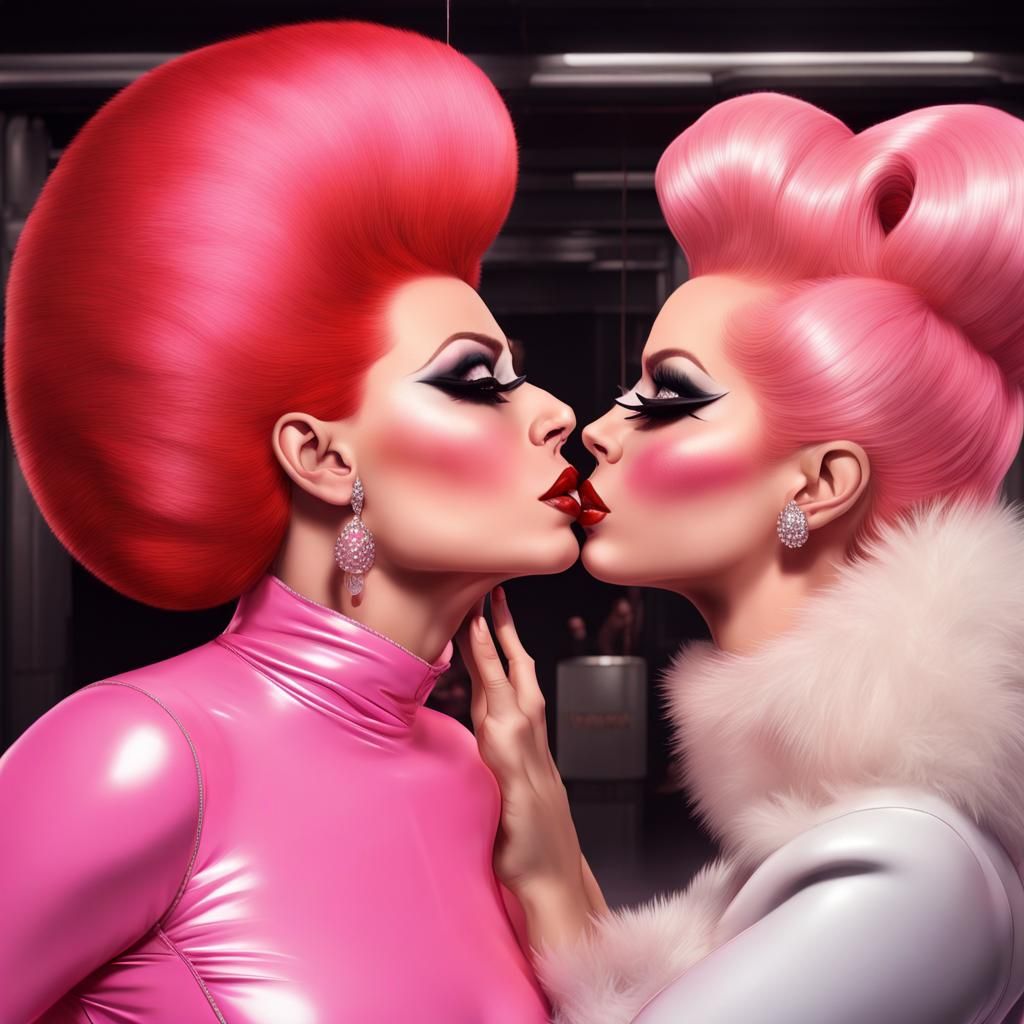 Drag Queens Kiss in Salon: Detailed Matte Painting