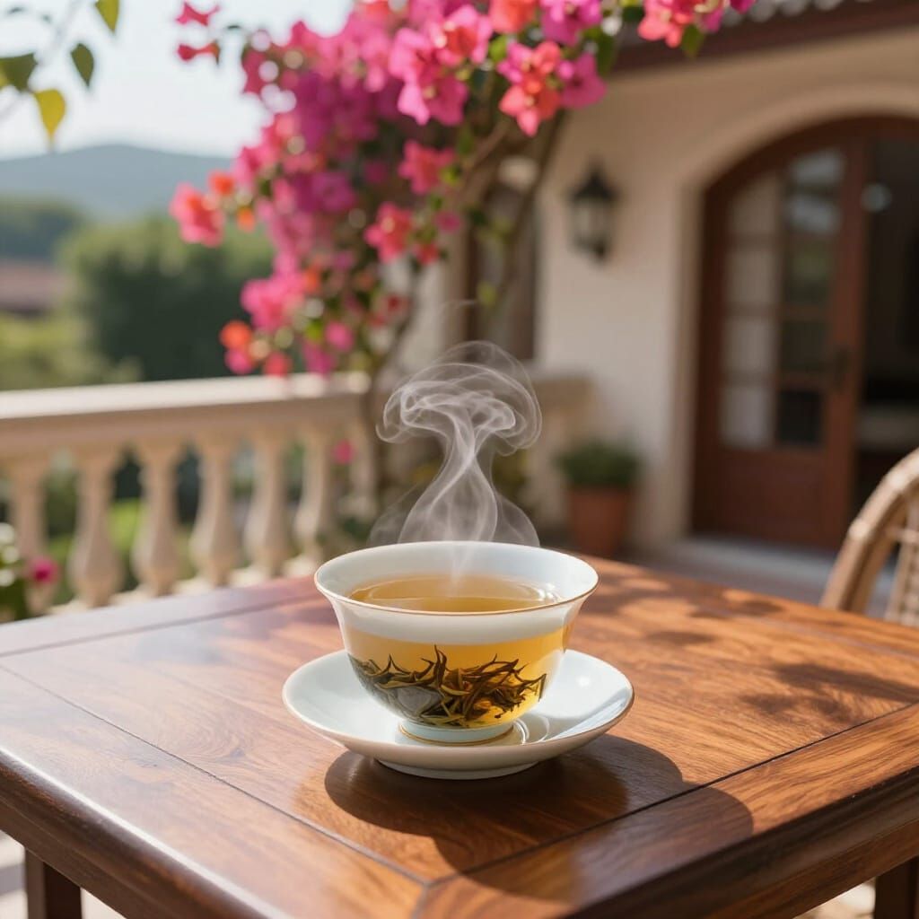Steaming Oolong Tea on Mahogany Table in Villa Garden