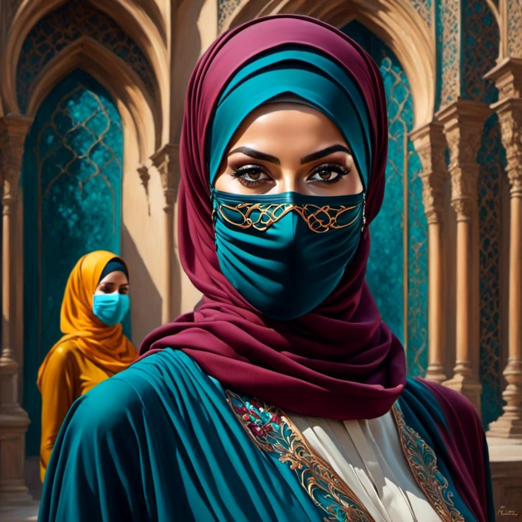 Masked Lady in Strict Hijab: Oil Painting