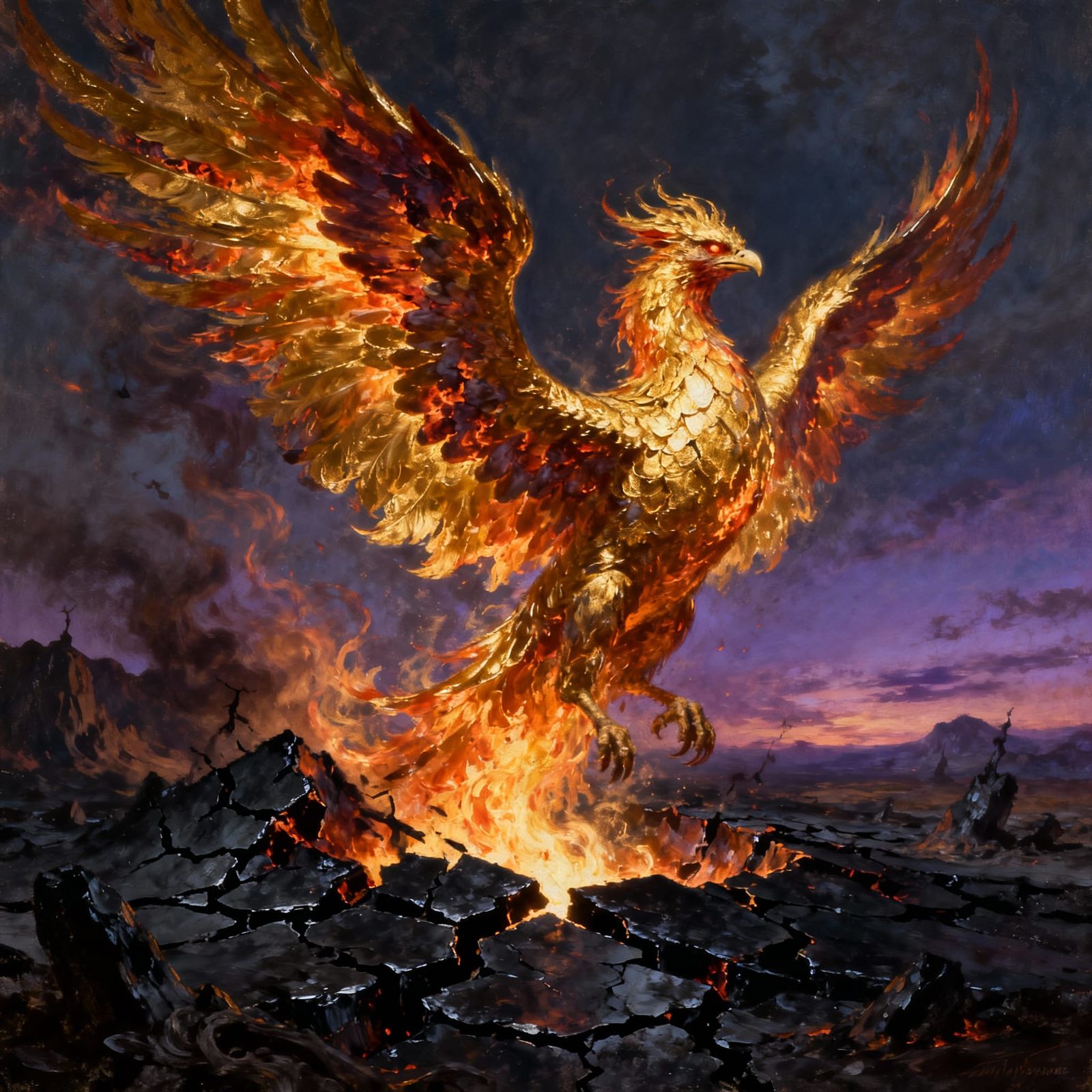 Golden Phoenix Rises from Obsidian Landscape in Baroque Styl...