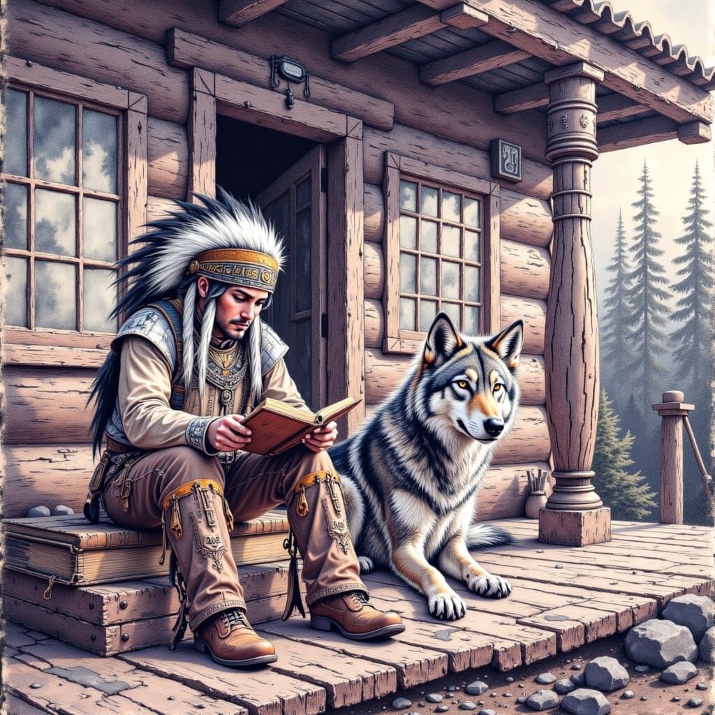 Whimsical Chief Amarok in Old West Cabin, Sketch Style