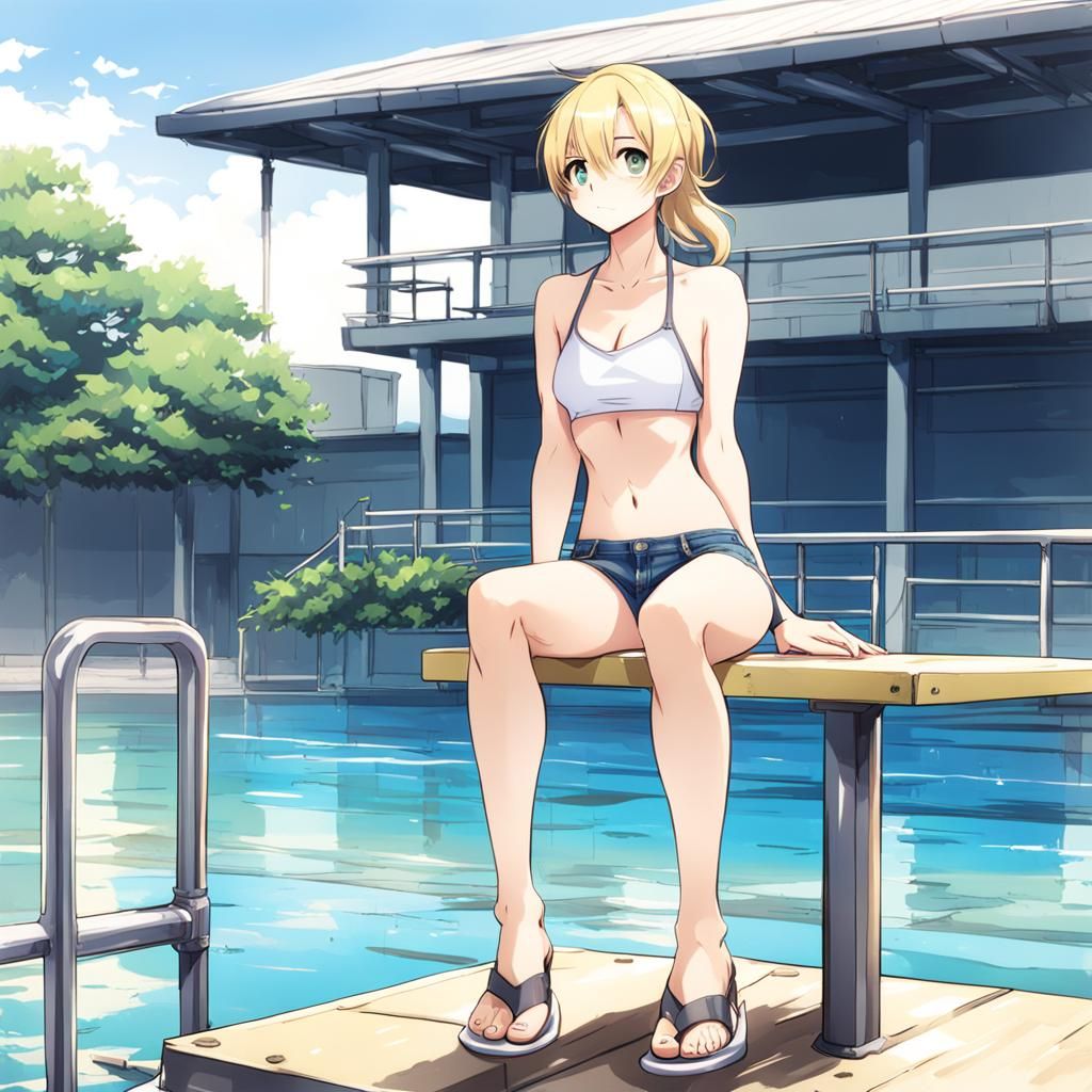 Blonde on Diving Board in Anime Art Style