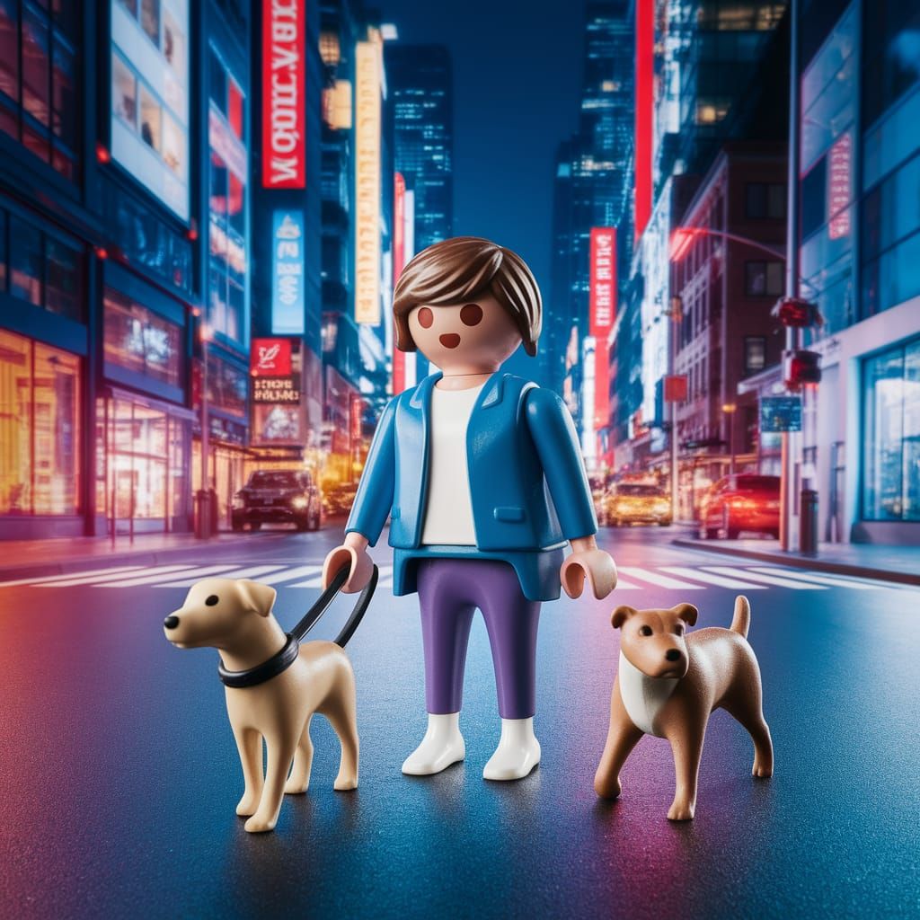 Playmobil Figure Walks Dog in Neon Cityscape