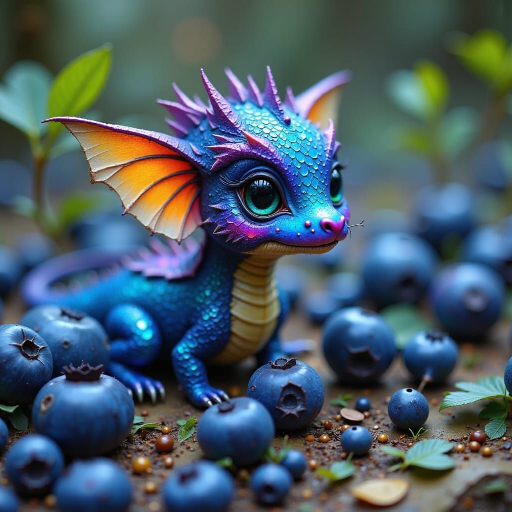 Tiny Iridescent Dragon with Blueberries: Whimsical Digital A...