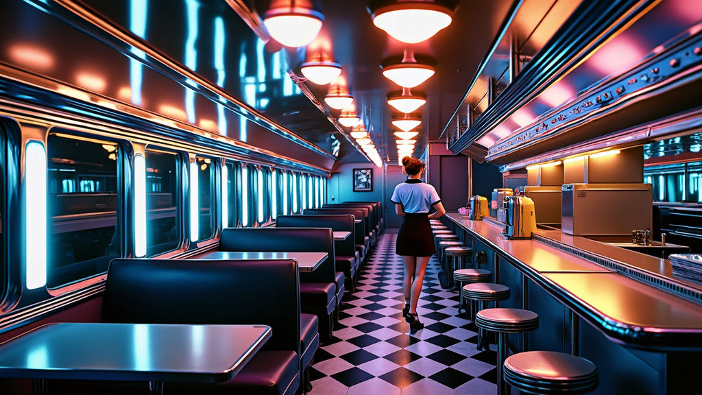1950s Train Car Diner at Night in Art Deco Style