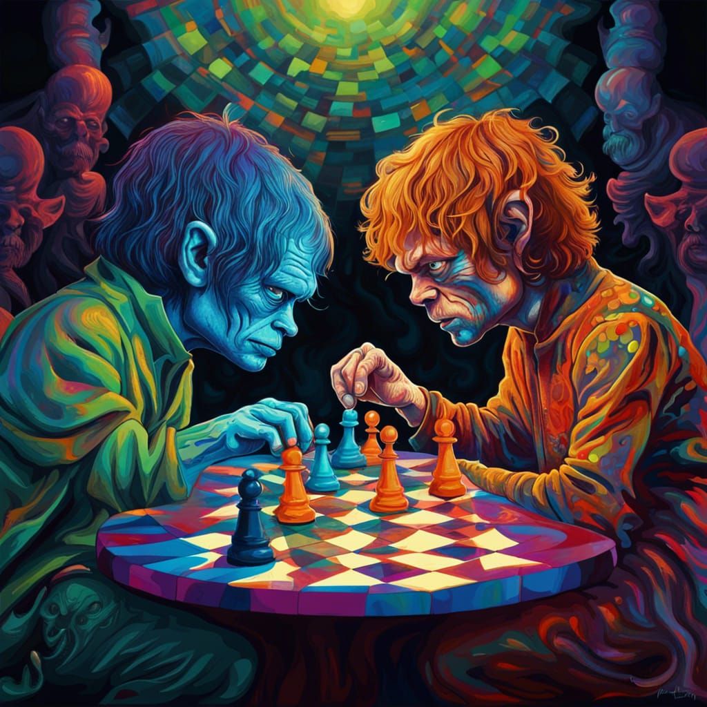 Gollum and Tyrion Chess Match: Psychedelic Art