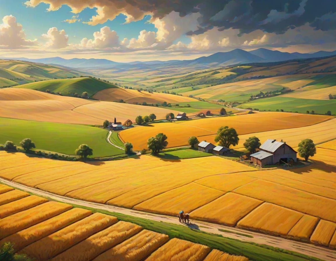 Vibrant Oil Painting of a Rural Farm Landscape