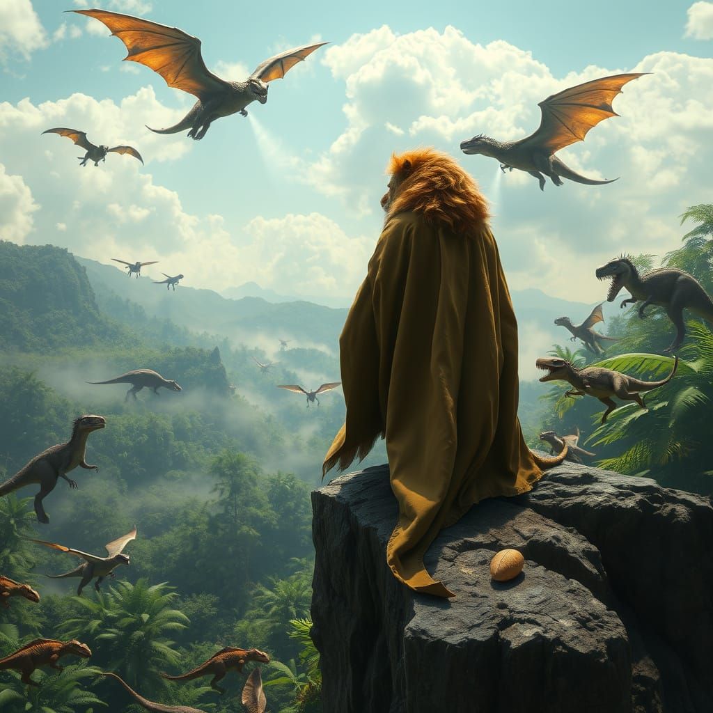 Majestic Lion King Surveys Jungle Realm with Dragons and Din...