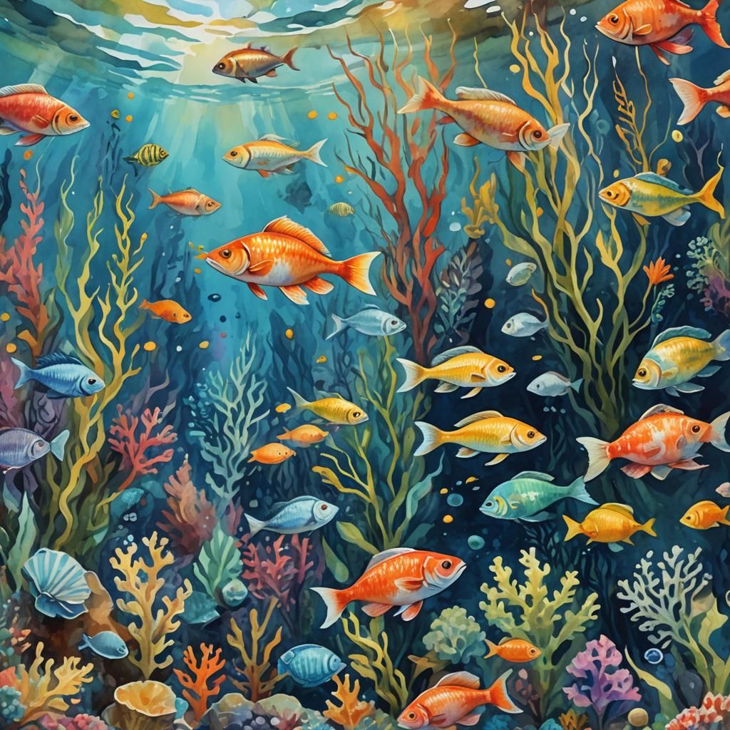 Underwater Scene with Treasure in Gouache Style