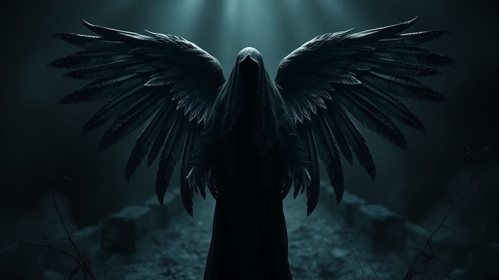 Mysterious Black Angel in a Haunting Dreamscape