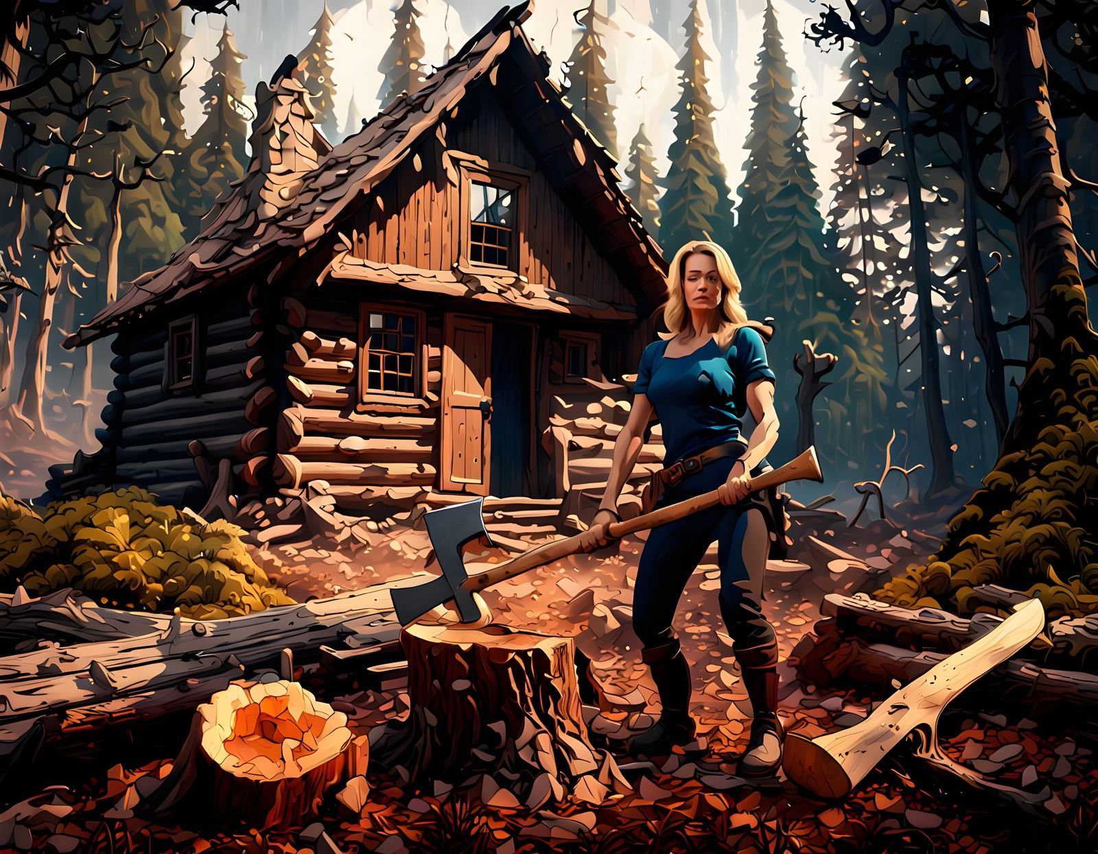 Jeri Ryan Chopping Wood: Detailed Matte Painting