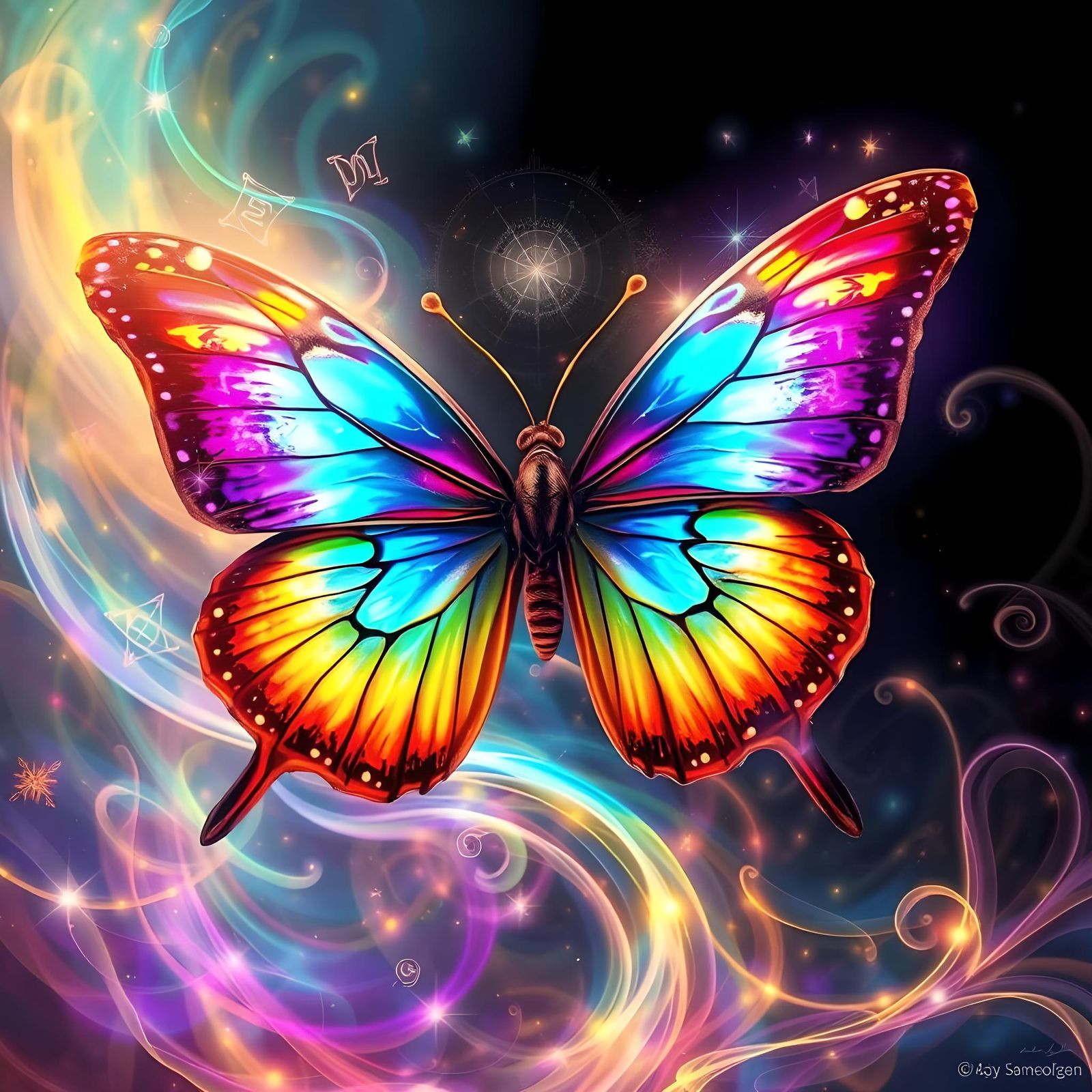 Colorful Butterfly with Magical Runes and Energy Streams