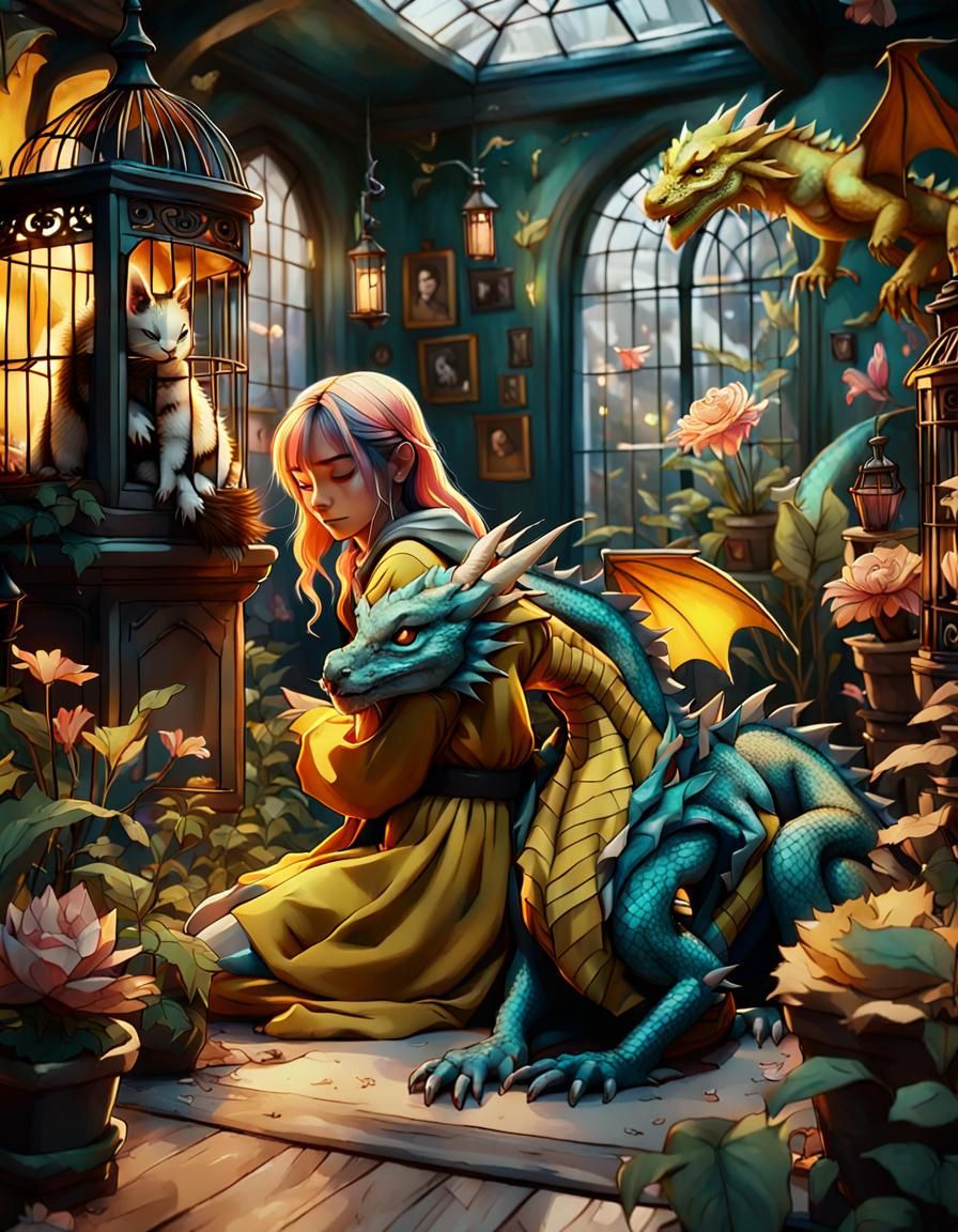 Girl Hugging Dragon in Dark Garden Room