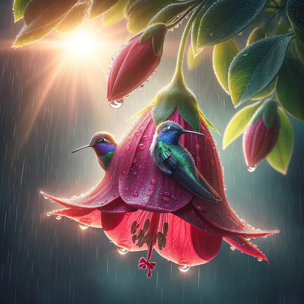 Hummingbirds Find Shelter in Crimson Bell-Shaped Flower
