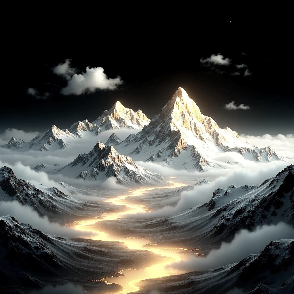 Golden and Silver Landscape with Snow-Capped Mountains