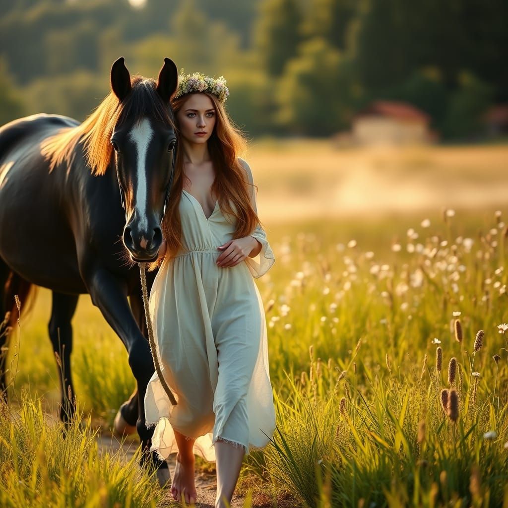 Slavic Woman and Horse in Summer Meadow