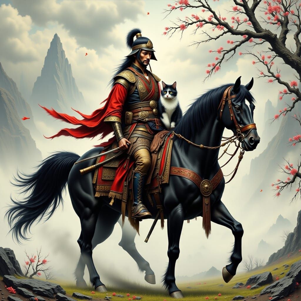 Samurai Warrior with Cat on Horseback