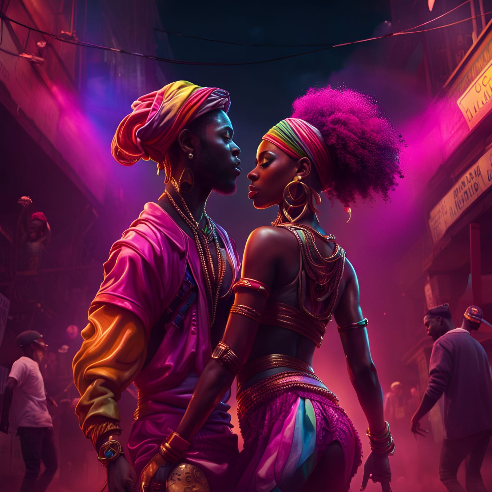 Hip Hop Dancers in Rainbow Lit Street Scene