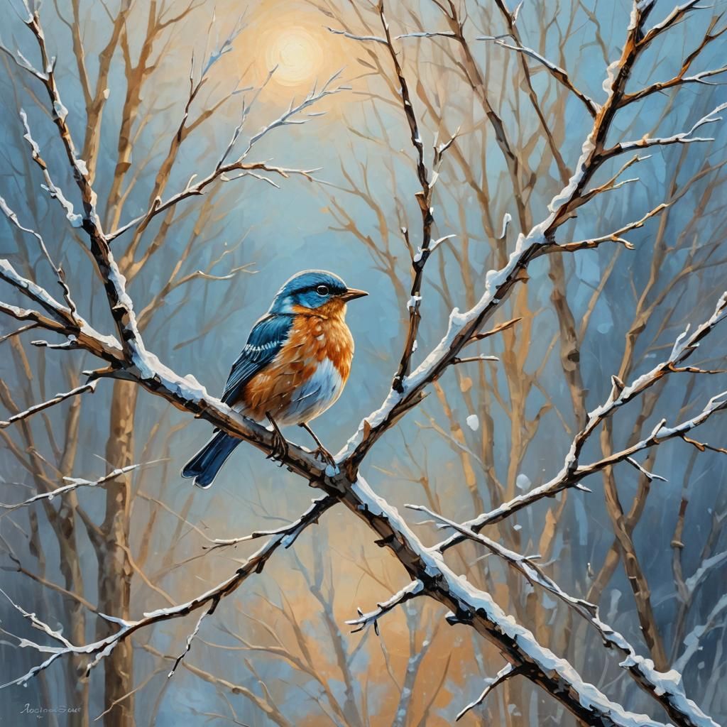 Bird on Winter Branch as Impasto Acrylic Painting