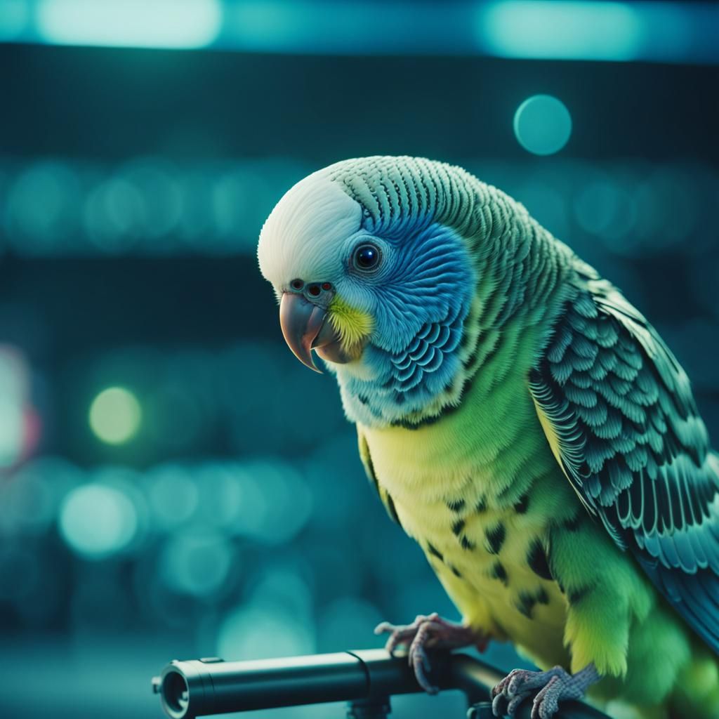 Dramatic Cyborg Budgie Cinematic Film Still