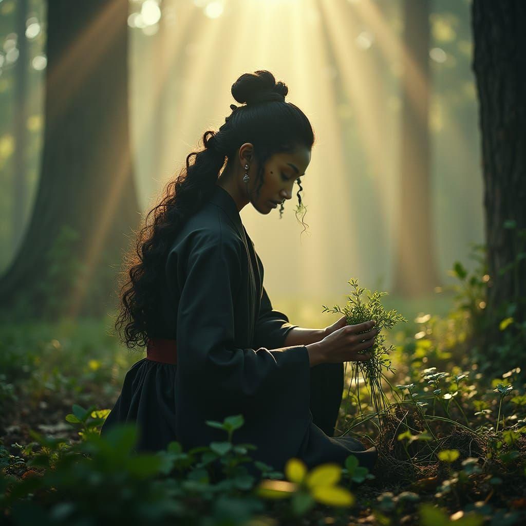 Black Woman Gathering Herbs in Samurai Era Forest
