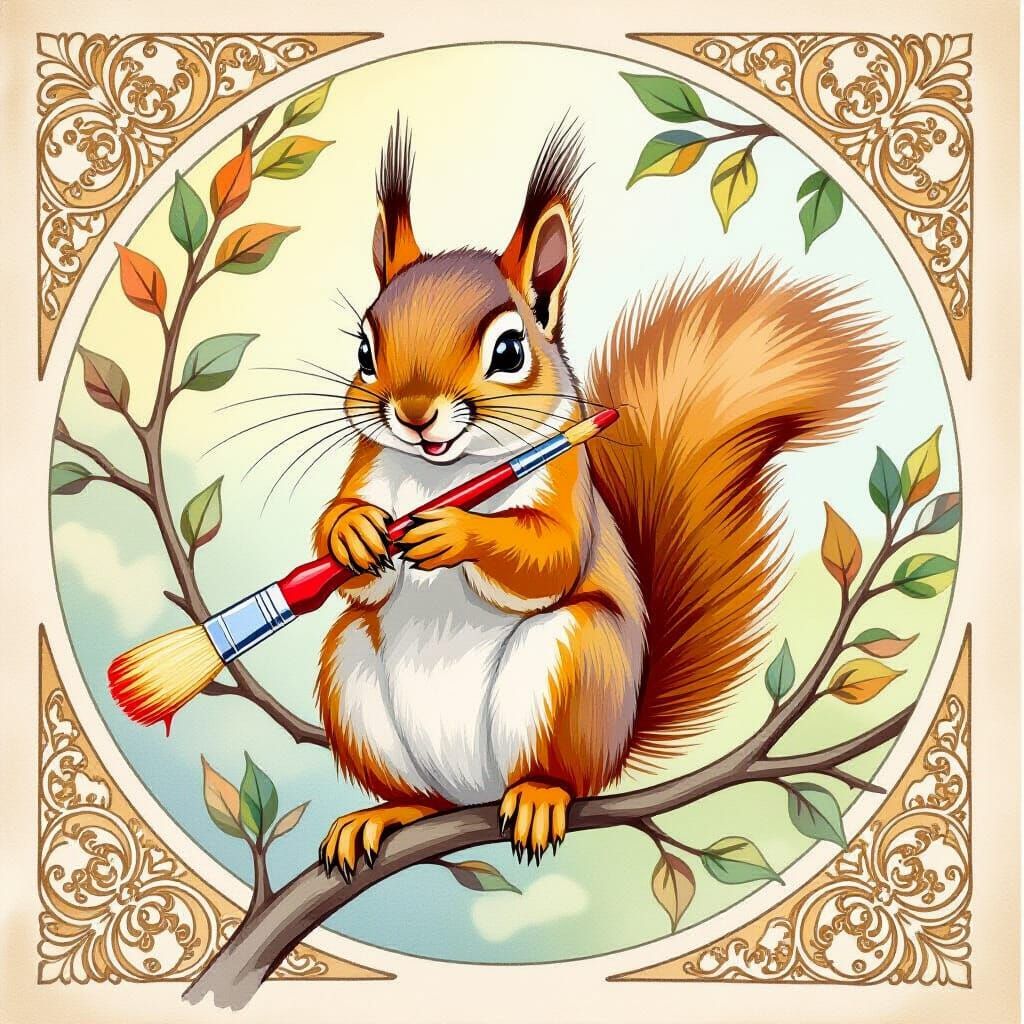 Squirrel Decorating Branches in Abstract Watercolor Style