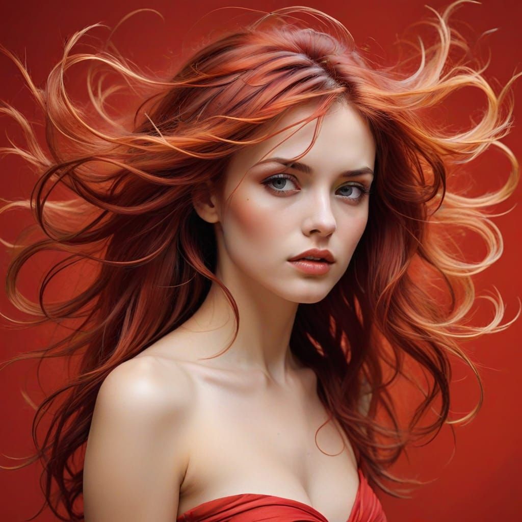 Chaotic Beauty Red Hair Expressionism Style