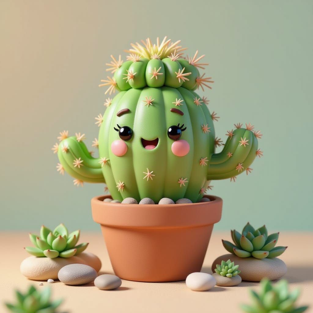 Smiling Cactus Toy in Clay Pot with Messy Hair