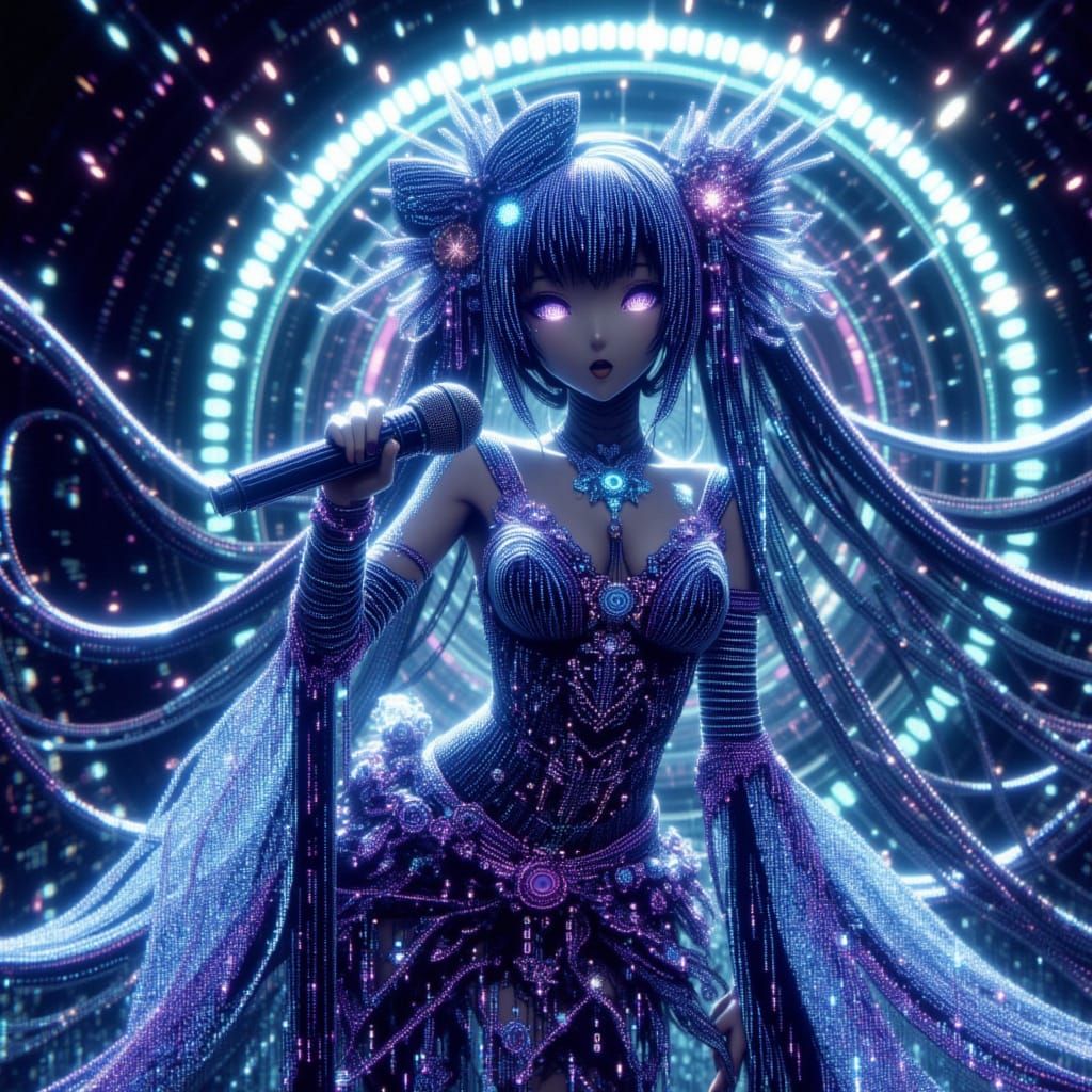 Anime Alien Woman Model with Binary Code Patterns