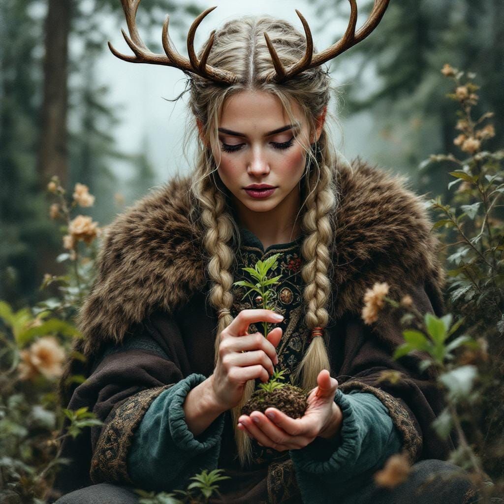 Viking Earth Goddess Nurturing Forest Growth as Gouache Pain...