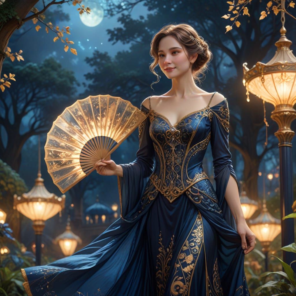 Art Nouveau Woman in Fantasy Park with Fan