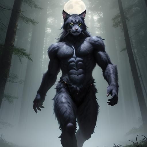 Mystical Werecat Transformation in Moonlit Forest