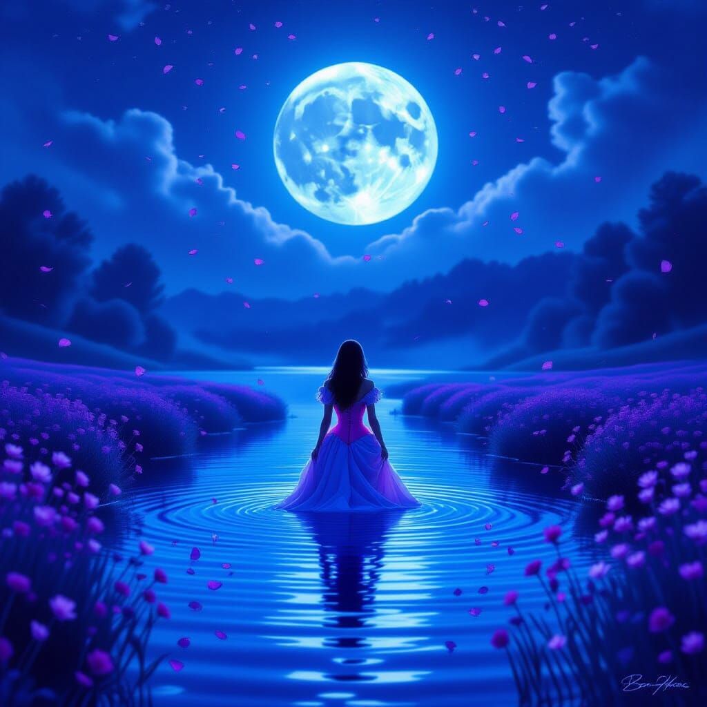 Ethereal Lake Scene: Woman in Pink Dress Under Full Moon