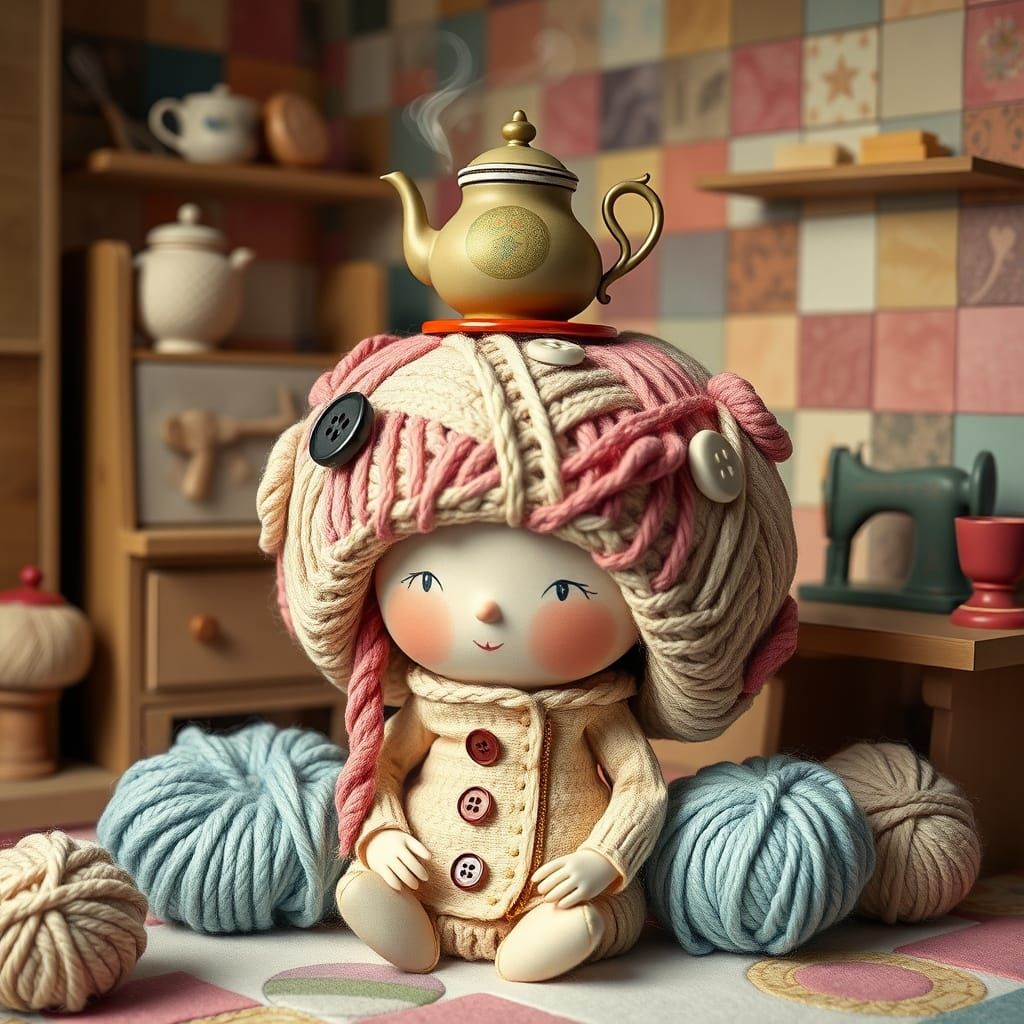 Whimsical Knitted Hat with Tea Set in Cozy Room