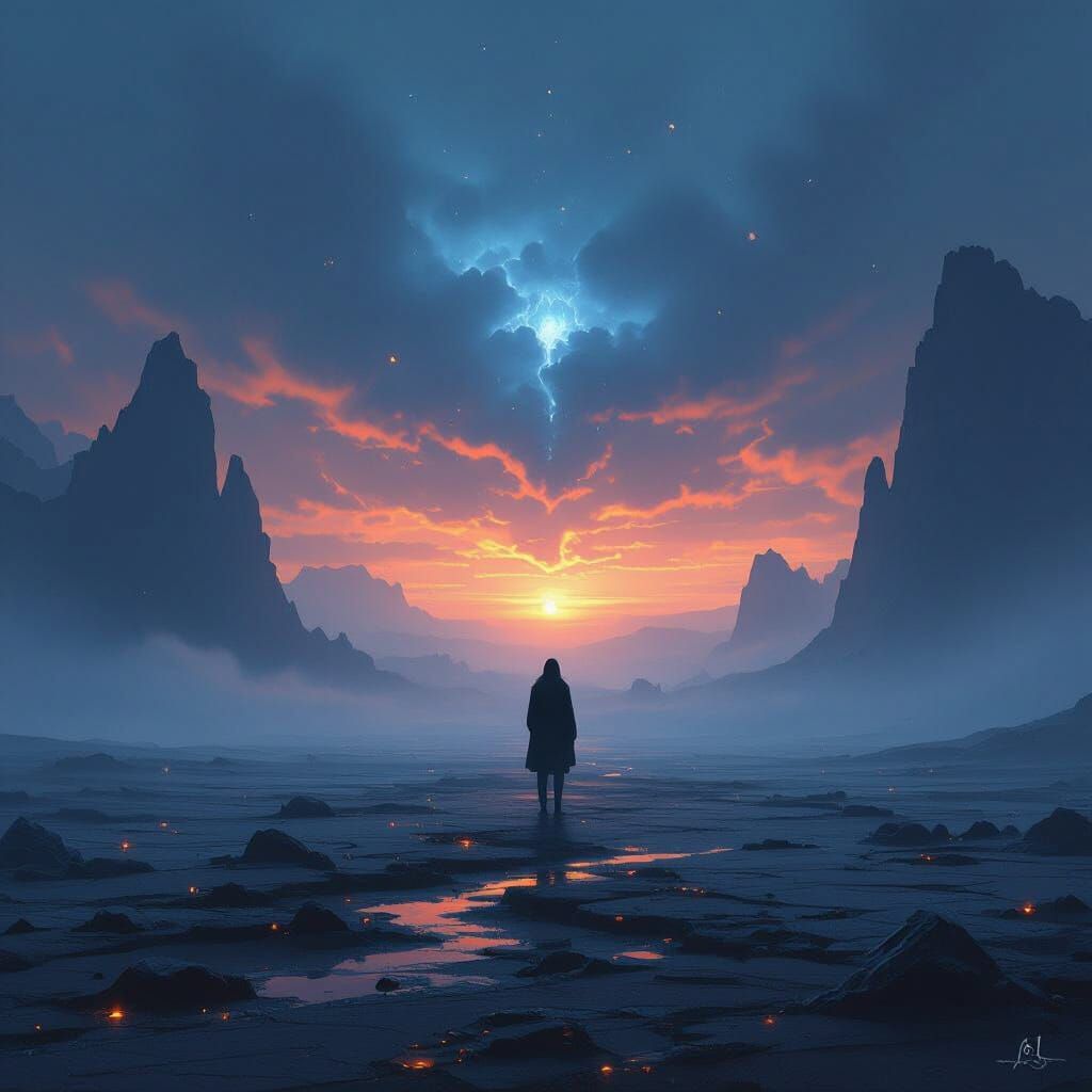 Solitary Figure in Foggy Landscape