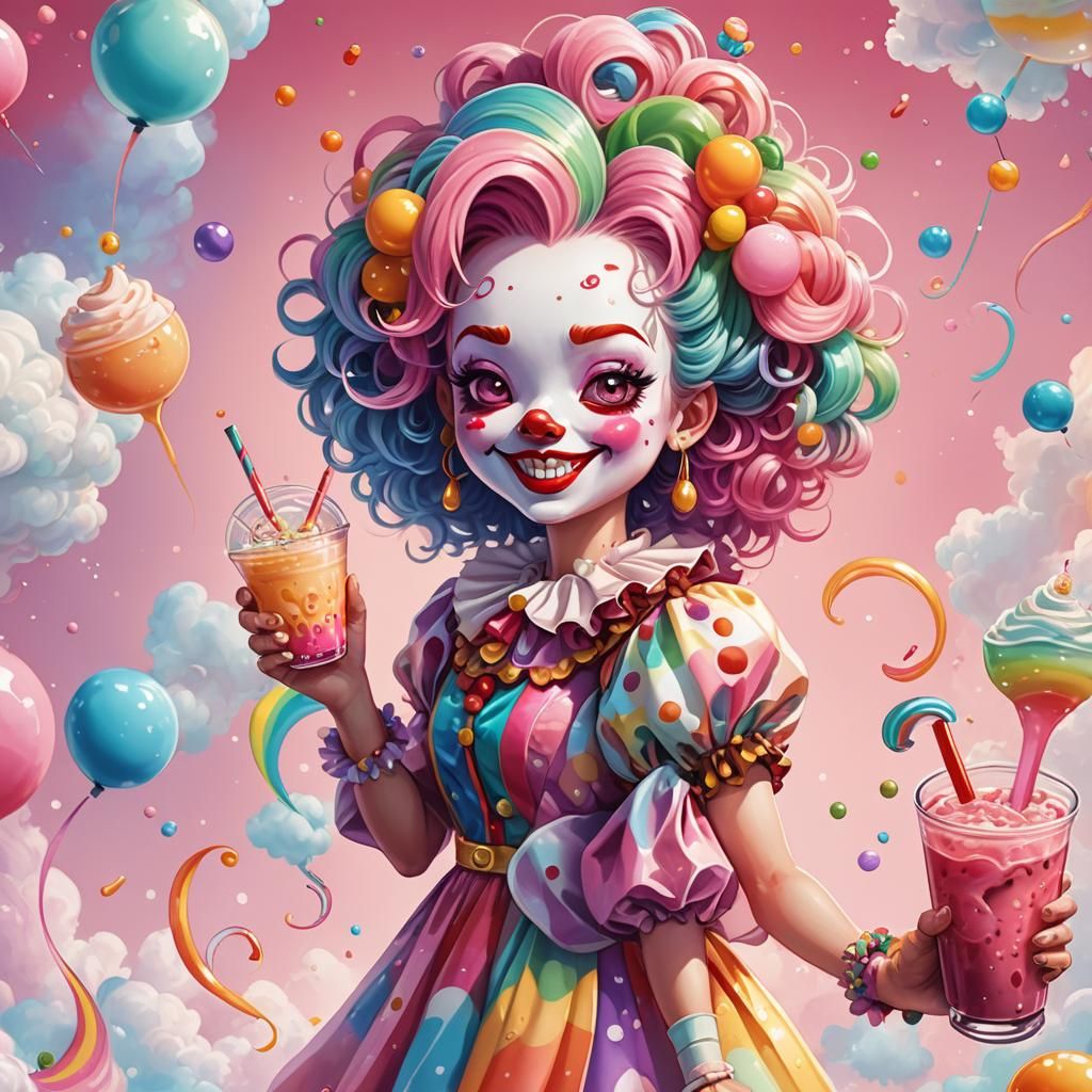 Cute Clown with Rainbow Hair Cartoon in Art Nouveau Style