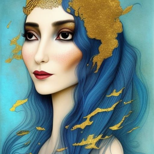Tajik Woman with Blue Hair in Fantasy Painting