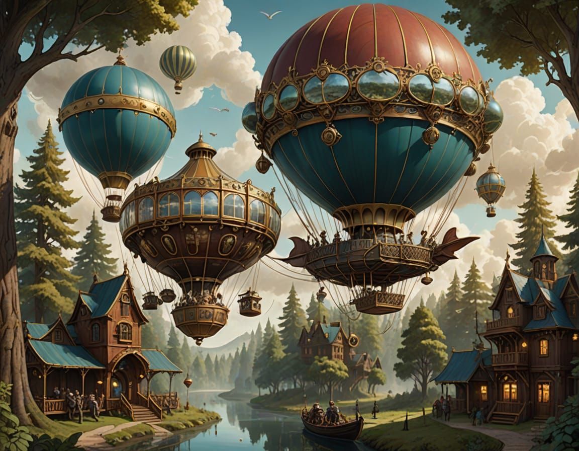 Steampunk Airships in a Misty Forest