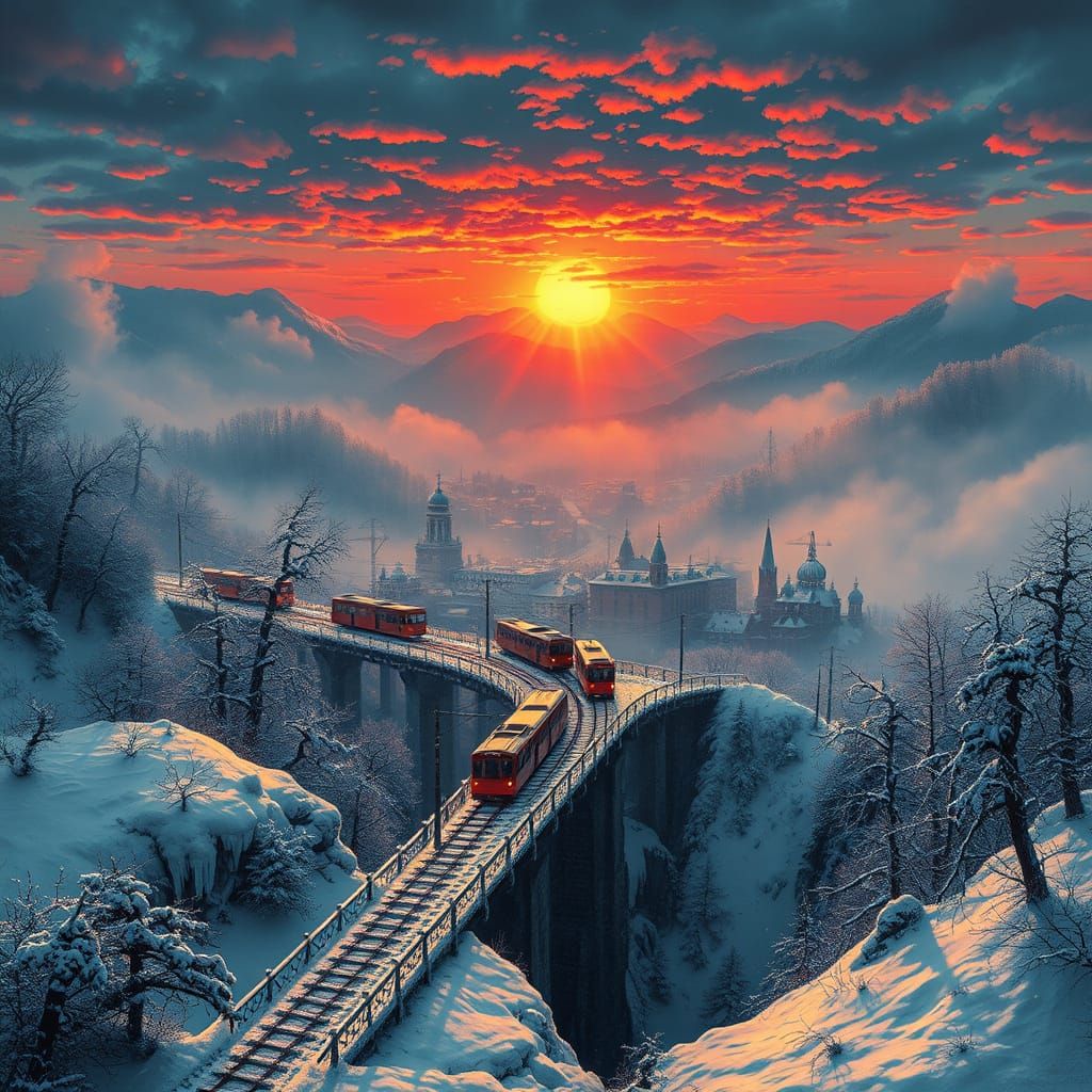 Majestic Winter Cityscape with Trams Crossing Bridge