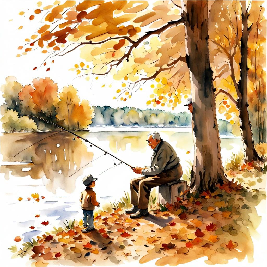 Joyful Lakeside Fishing Trip in Watercolor Style