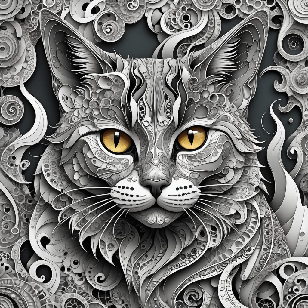 Surrealist Cat with Abstract Fractal Design