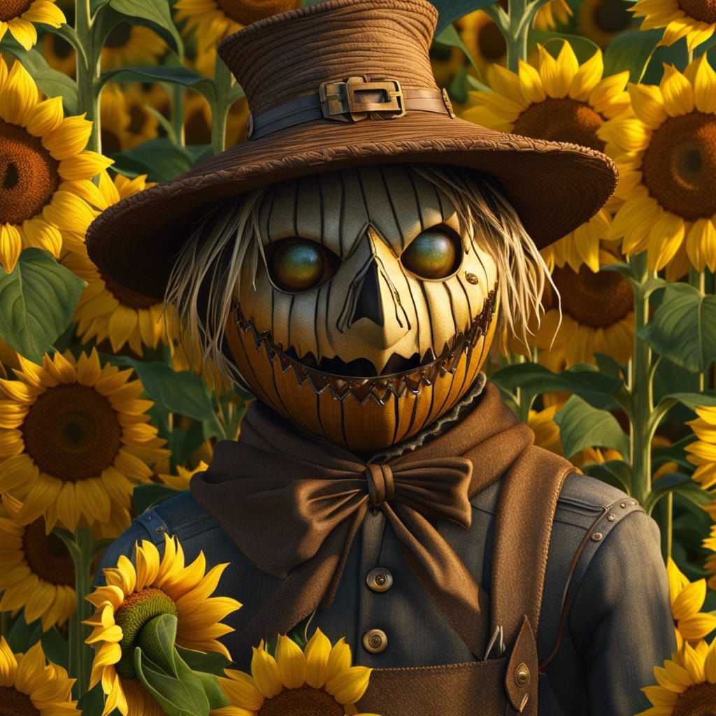 Hyperrealistic Scarecrow in Sunflower Field