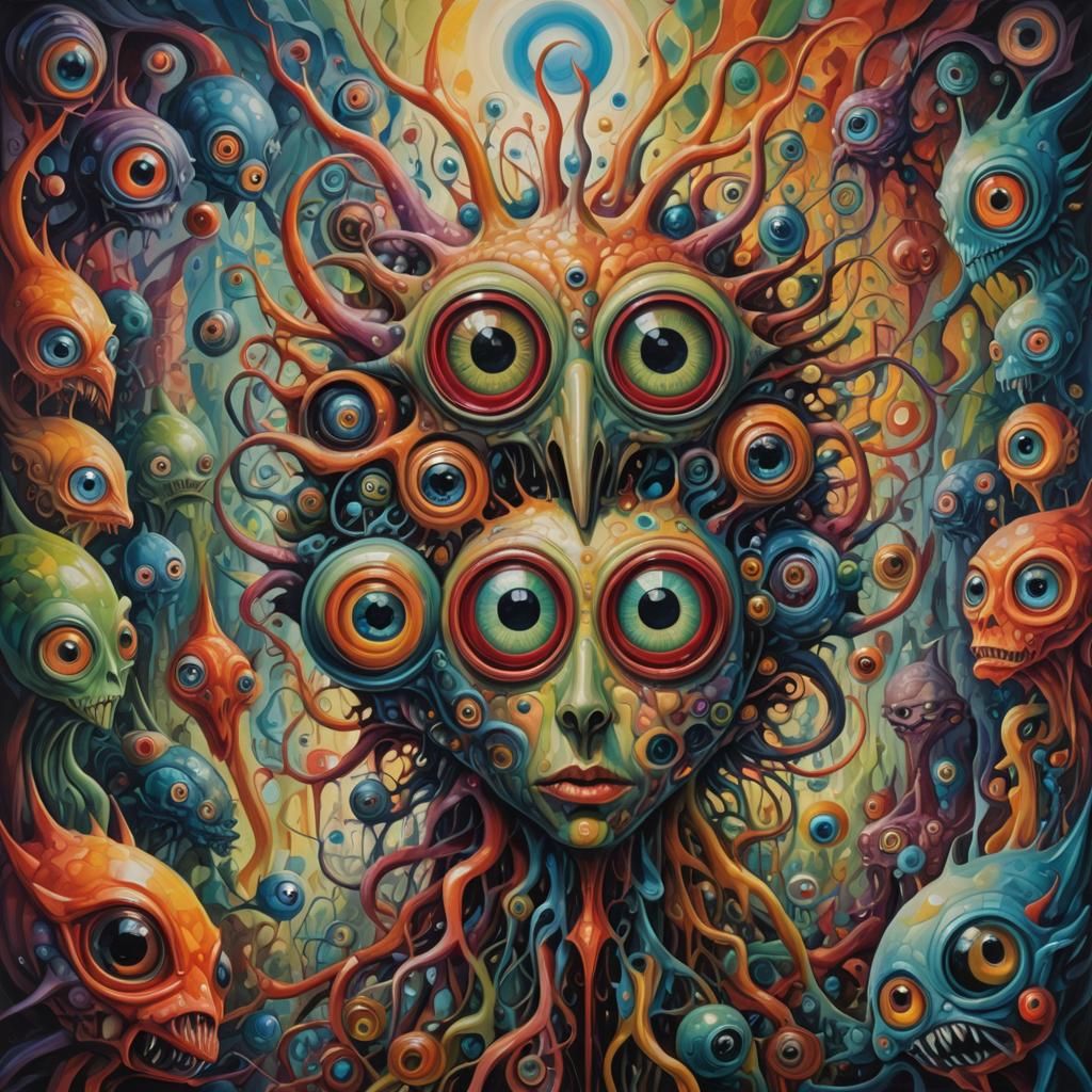 Surreal Creatures with Piercing Eyes in Oil Painting