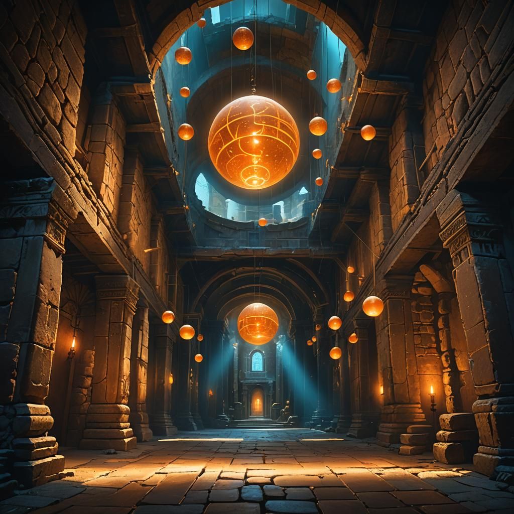 Surreal Hall with Glowing Orbs, Matte Painting