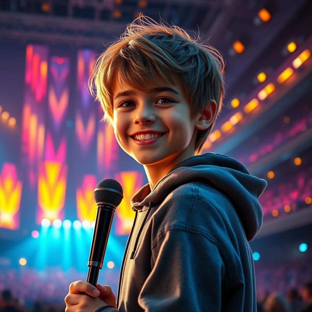 Confident Boy Singer on Stage in Ornate Digital Art