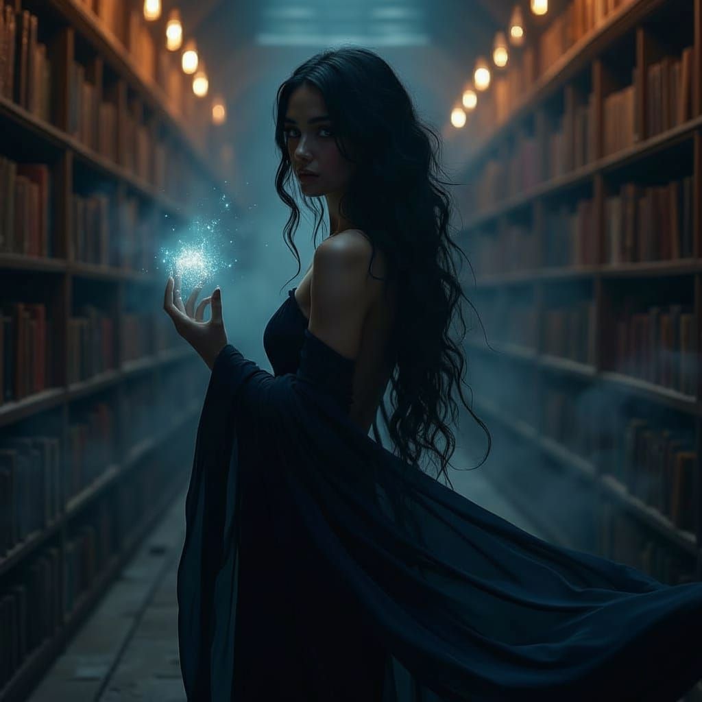 Mysterious Woman Practicing Magic in Library